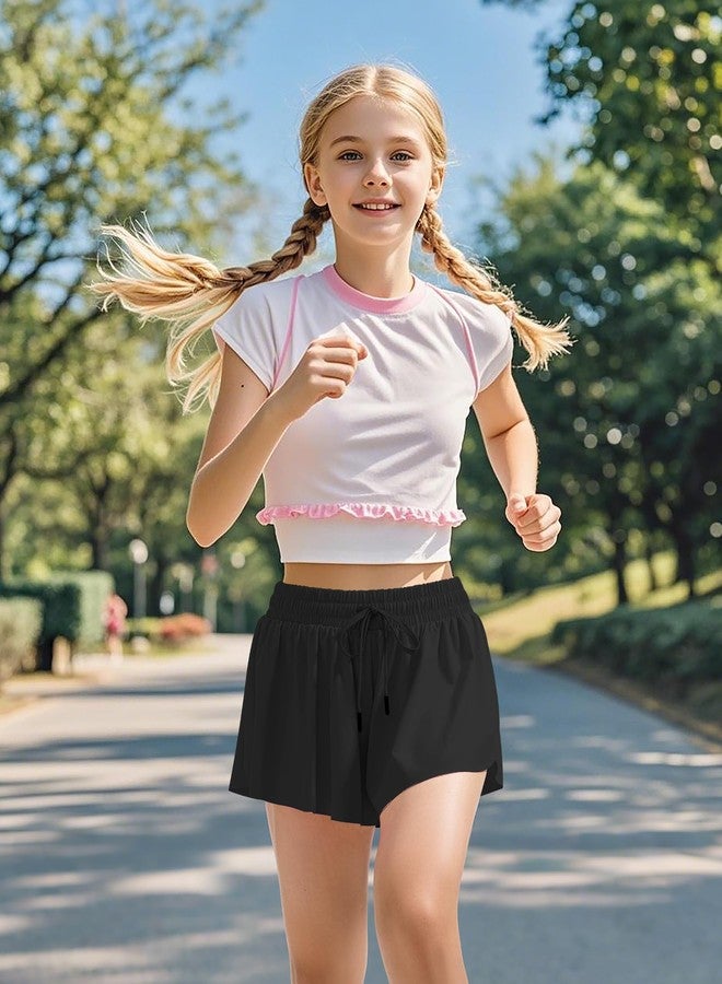 BOOPH Girls Flowy Butterfly Shorts Athletic Shorts Girls with Inner Pockets for Running Tennis Black 13-14Y - Image 3